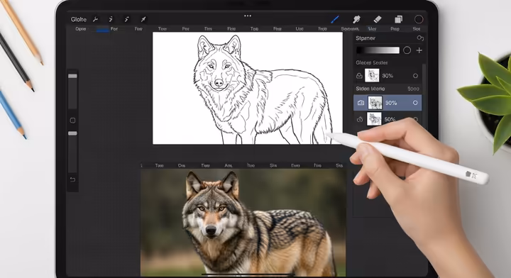 A close-up of a digital tablet screen showing software with a reference photo on a semi-transparent layer and a new drawing being traced on a layer above it.