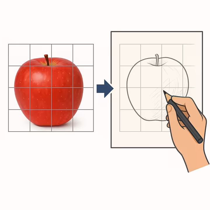 An educational diagram illustrating the grid method for drawing, showing a reference photo with a grid and a corresponding drawing being created on a gridded paper.