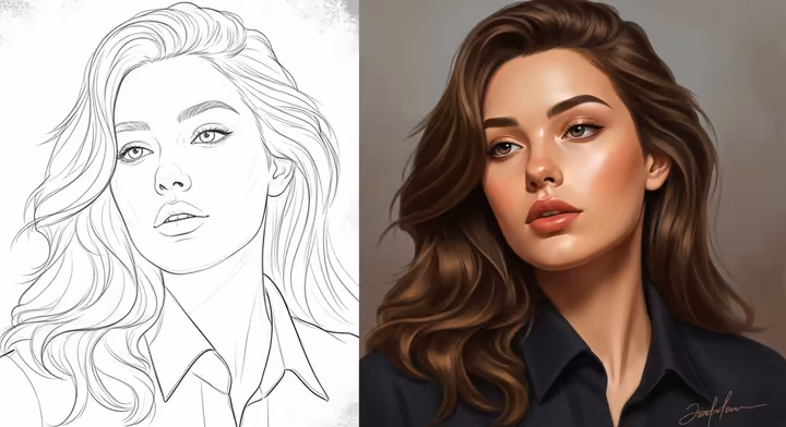 A split image showing a simple traced outline on the left and a fully colored and textured final painting on the right, demonstrating that a finished artwork is more than its outline.