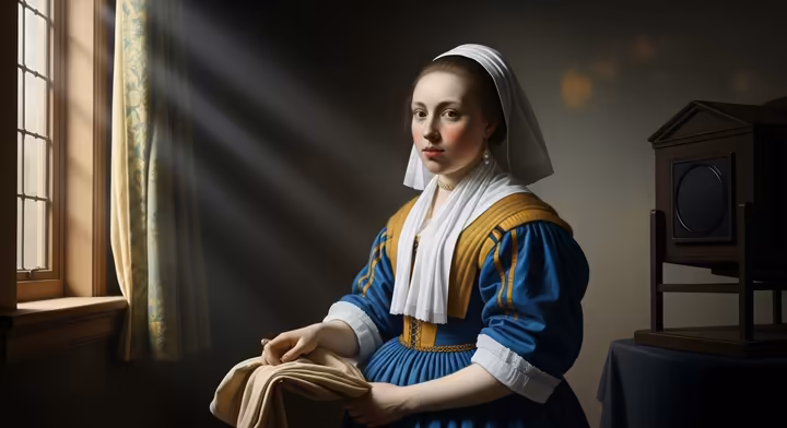 A portrait of a woman in 17th-century Dutch clothing with a photorealistic quality, reminiscent of the work of Johannes Vermeer.